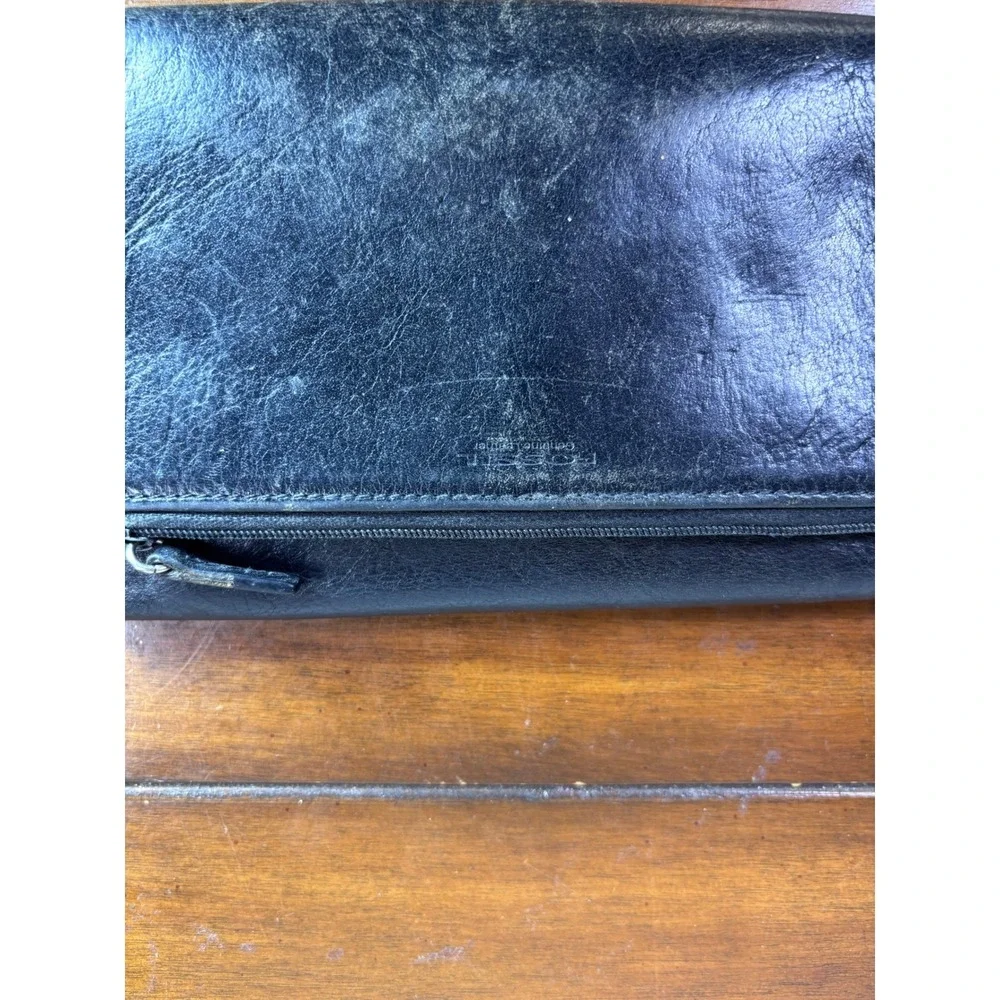 Fossil Trifold Wallet Womens OS Black Genuine Leather Snap ID Window Organizer